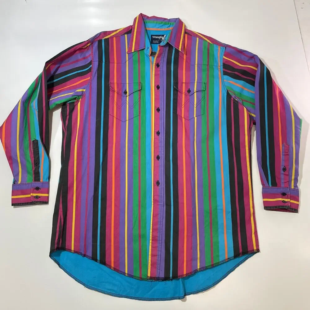 VTG 90s Wrangler Western Button Shirt 18 36 X-Long Tails Brushpopper Striped - Picture 1 of 7